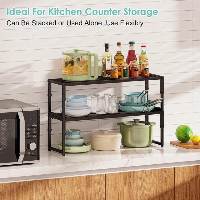 Alt view image 4 of 7 - 2 Pack Expandable Kitchen Cabinet Shelf Organizer, 15.5"-25.5" Long Adjustable Storage Shelves Organizers for Kitchen Countertop Pantry Cupboard Table Desk Counter, Stackable, 30LBS Load Capacity