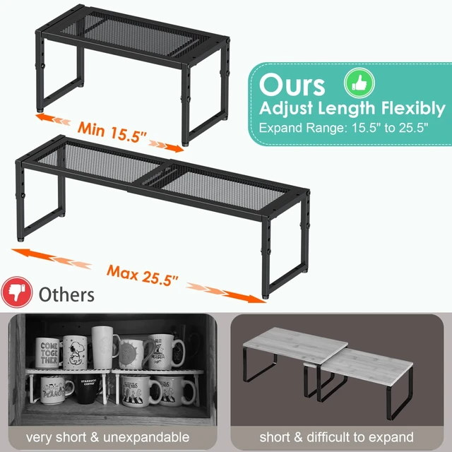 Alt view image 2 of 7 - 2 Pack Expandable Kitchen Cabinet Shelf Organizer, 15.5"-25.5" Long Adjustable Storage Shelves Organizers for Kitchen Countertop Pantry Cupboard Table Desk Counter, Stackable, 30LBS Load Capacity