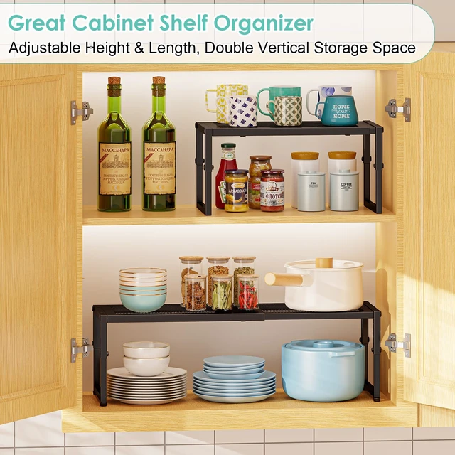 Alt view image 5 of 7 - 2 Pack Expandable Kitchen Cabinet Shelf Organizer, 15.5"-25.5" Long Adjustable Storage Shelves Organizers for Kitchen Countertop Pantry Cupboard Table Desk Counter, Stackable, 30LBS Load Capacity