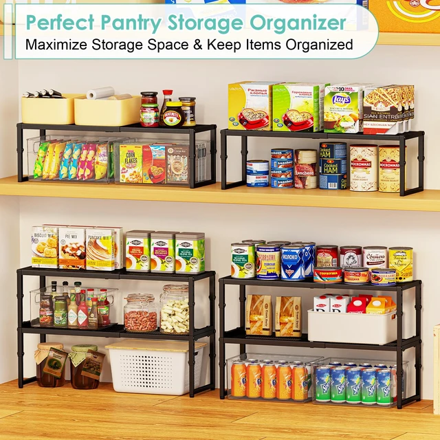 Alt view image 6 of 7 - 2 Pack Expandable Kitchen Cabinet Shelf Organizer, 15.5"-25.5" Long Adjustable Storage Shelves Organizers for Kitchen Countertop Pantry Cupboard Table Desk Counter, Stackable, 30LBS Load Capacity