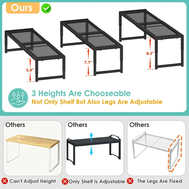 Alt view image 3 of 7 - 2 Pack Expandable Kitchen Cabinet Shelf Organizer, 15.5"-25.5" Long Adjustable Storage Shelves Organizers for Kitchen Countertop Pantry Cupboard Table Desk Counter, Stackable, 30LBS Load Capacity