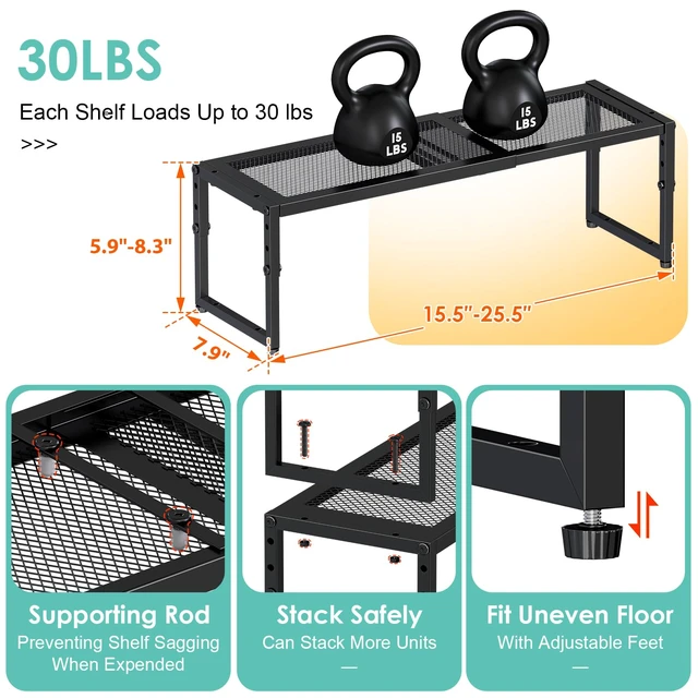 Alt view image 7 of 7 - 2 Pack Expandable Kitchen Cabinet Shelf Organizer, 15.5"-25.5" Long Adjustable Storage Shelves Organizers for Kitchen Countertop Pantry Cupboard Table Desk Counter, Stackable, 30LBS Load Capacity