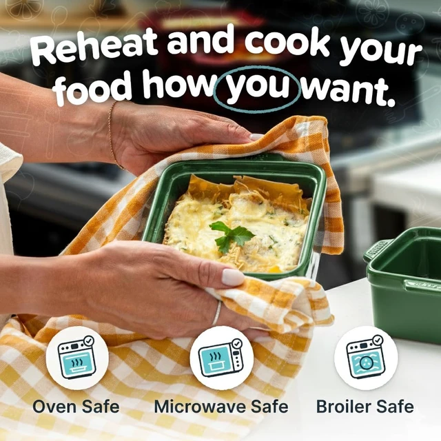 Alt view image 3 of 7 - 5x5" Ceramic Baking Dishes with Lids, Kale, 2-Pack | Premium US-Made Small Ceramic Baking Dishes with Silicone Lids, Oven, Microwave & Air Fryer Safe