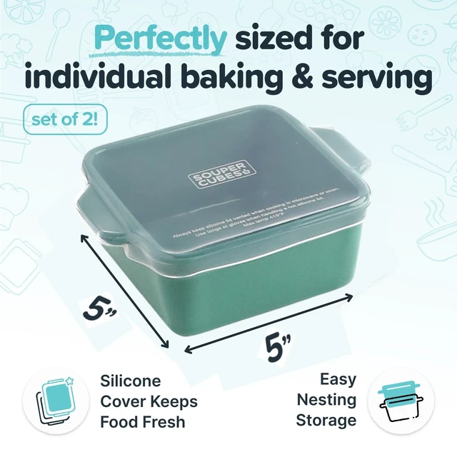 Alt view image 2 of 7 - 5x5" Ceramic Baking Dishes with Lids, Kale, 2-Pack | Premium US-Made Small Ceramic Baking Dishes with Silicone Lids, Oven, Microwave & Air Fryer Safe