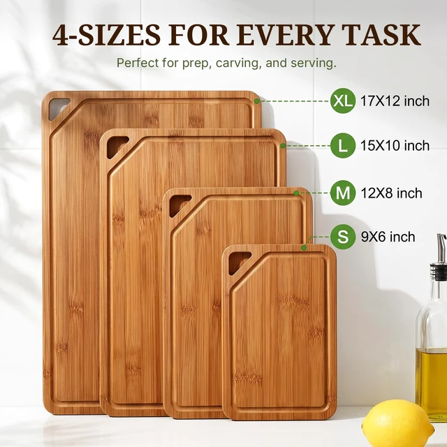 Alt view image 2 of 7 - Bamboo Cutting Board Set with Beeswax Coating for Kitchen(S+M+L+XL) | Deep-Carbonized Chopping Board with Juice Grooves, Non-toxic, Lightweight, Reversible, Meal Prep & Serving
