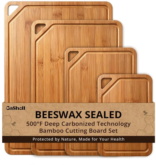 Main image of Bamboo Cutting Board Set with Beeswax Coating for Kitchen(S+M+L+XL) | Deep-Carbonized Chopping Board with Juice Grooves, Non-toxic, Lightweight, Reversible, Meal Prep & Serving