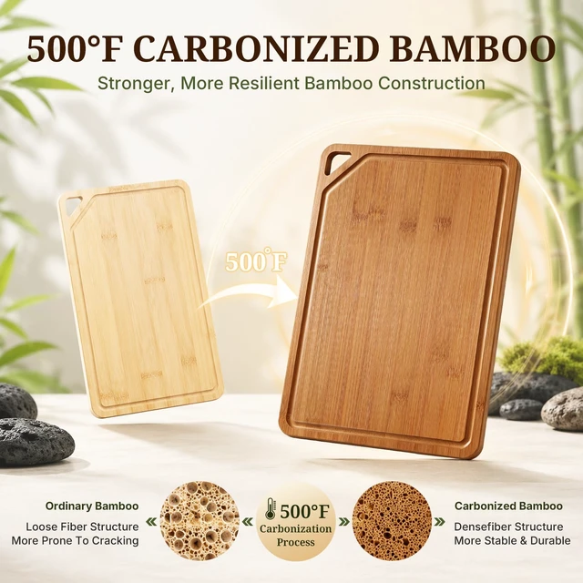 Alt view image 4 of 7 - Bamboo Cutting Board Set with Beeswax Coating for Kitchen(S+M+L+XL) | Deep-Carbonized Chopping Board with Juice Grooves, Non-toxic, Lightweight, Reversible, Meal Prep & Serving