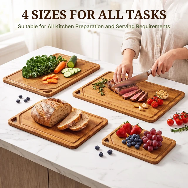Alt view image 5 of 7 - Bamboo Cutting Board Set with Beeswax Coating for Kitchen(S+M+L+XL) | Deep-Carbonized Chopping Board with Juice Grooves, Non-toxic, Lightweight, Reversible, Meal Prep & Serving