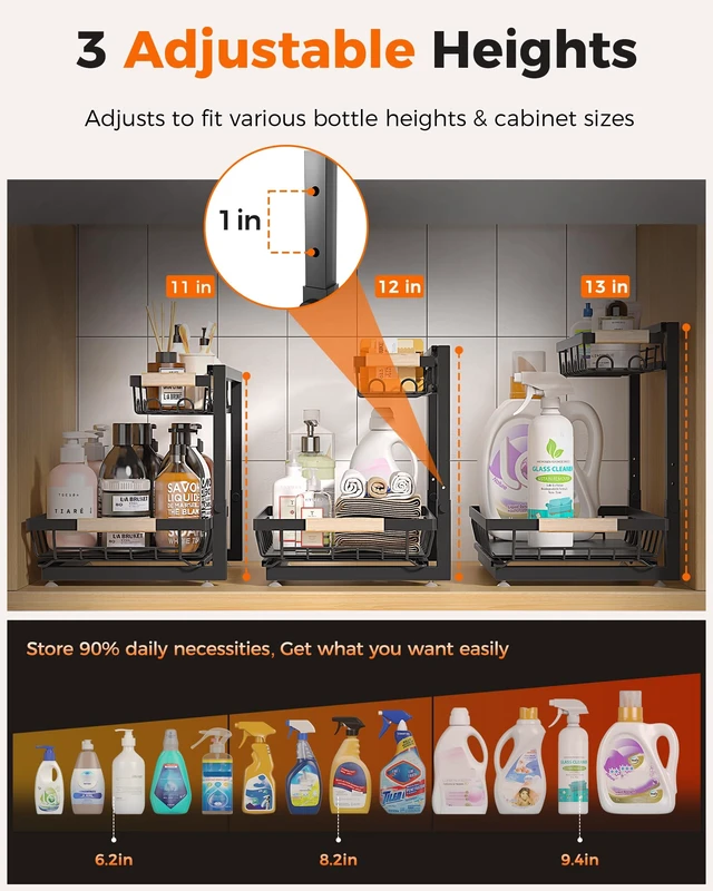 Alt view image 3 of 7 - 3-Pack Under Sink Organizer, 2-Tier Pull-Out Cabinet Organizer | Multi-Purpose Slide Out Metal Shelf for Under Sink Storage, Large Black, Ideal for Kitchen, Bathroom.