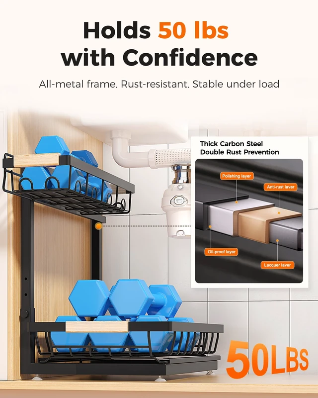 Alt view image 6 of 7 - 3-Pack Under Sink Organizer, 2-Tier Pull-Out Cabinet Organizer | Multi-Purpose Slide Out Metal Shelf for Under Sink Storage, Large Black, Ideal for Kitchen, Bathroom.