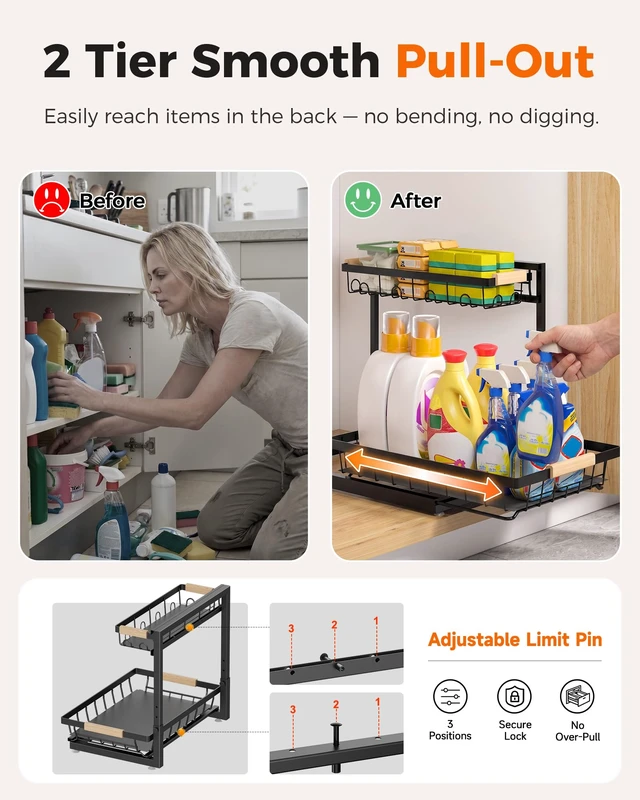 Alt view image 5 of 7 - 3-Pack Under Sink Organizer, 2-Tier Pull-Out Cabinet Organizer | Multi-Purpose Slide Out Metal Shelf for Under Sink Storage, Large Black, Ideal for Kitchen, Bathroom.