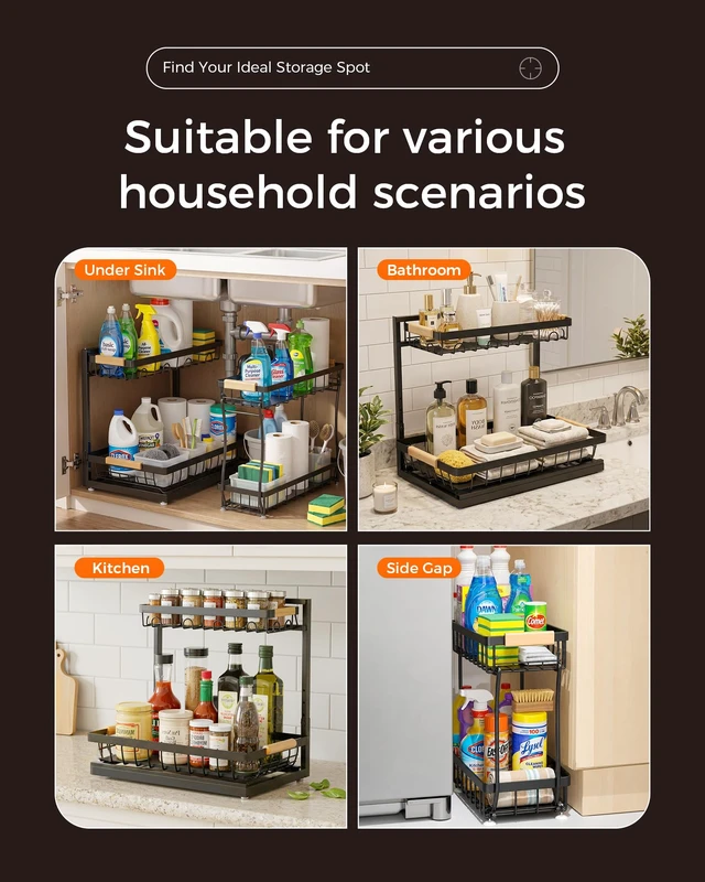Alt view image 7 of 7 - 3-Pack Under Sink Organizer, 2-Tier Pull-Out Cabinet Organizer | Multi-Purpose Slide Out Metal Shelf for Under Sink Storage, Large Black, Ideal for Kitchen, Bathroom.