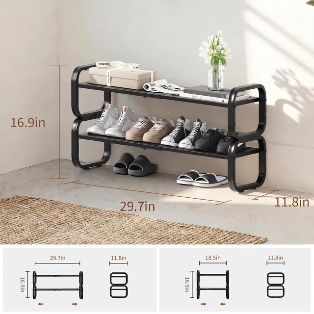 Alt view image 2 of 7 - 2 Tier Shoe Rack - Expandable Shoe Organizer for Closet | Adjustable Metal Shoe Shelf Storage, Stackable Long Shoe Stand Holder for Garage, Entryway, Door Entrance