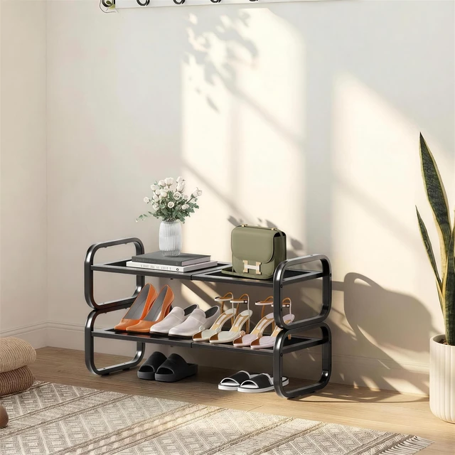 Alt view image 3 of 7 - 2 Tier Shoe Rack - Expandable Shoe Organizer for Closet | Adjustable Metal Shoe Shelf Storage, Stackable Long Shoe Stand Holder for Garage, Entryway, Door Entrance