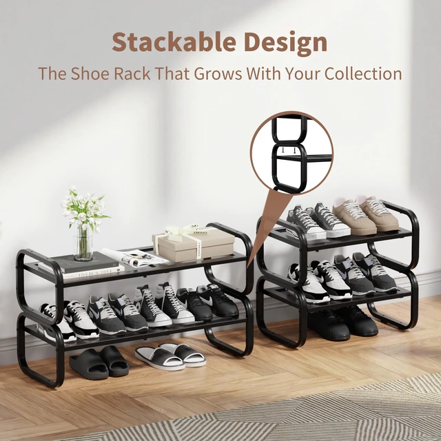 Alt view image 5 of 7 - 2 Tier Shoe Rack - Expandable Shoe Organizer for Closet | Adjustable Metal Shoe Shelf Storage, Stackable Long Shoe Stand Holder for Garage, Entryway, Door Entrance