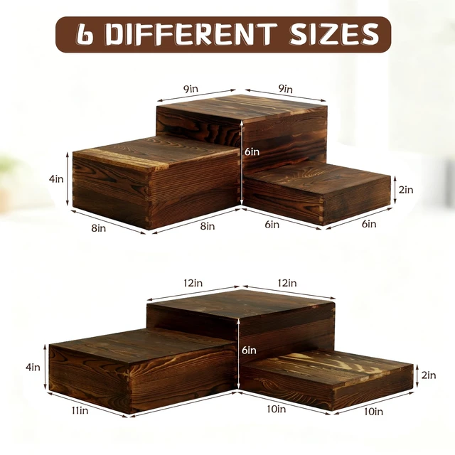 Alt view image 2 of 7 - 6 Pack Buffet Risers and Stands, Dessert Table Display Set with Mini Signs | Natural wood, Nesting design, Versatile display sizes, Great for Buffets, Parties, Weddings, Coffee shops, Bakeries