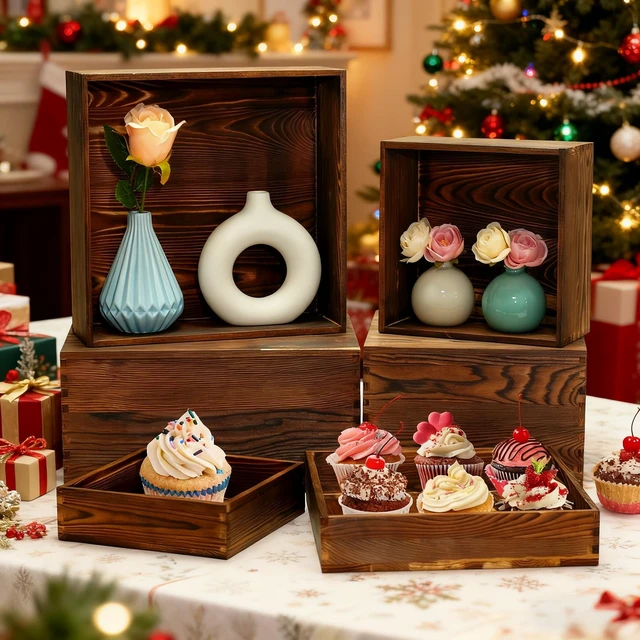 Alt view image 5 of 7 - 6 Pack Buffet Risers and Stands, Dessert Table Display Set with Mini Signs | Natural wood, Nesting design, Versatile display sizes, Great for Buffets, Parties, Weddings, Coffee shops, Bakeries