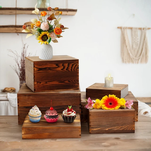 Alt view image 7 of 7 - 6 Pack Buffet Risers and Stands, Dessert Table Display Set with Mini Signs | Natural wood, Nesting design, Versatile display sizes, Great for Buffets, Parties, Weddings, Coffee shops, Bakeries