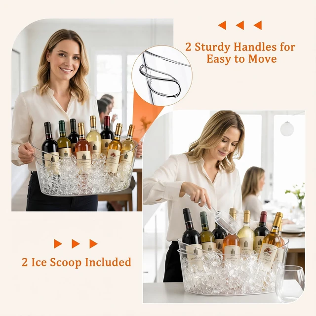 Alt view image 3 of 7 - 13.5L Ice Bucket 2 Pack Ice Buckets for Parties, Large Beverage Tub for Cocktail Bar with Handle, Drink Cooler for Wine Beer Champagne, Drink Bucket with Scoop for Mimosa Bar