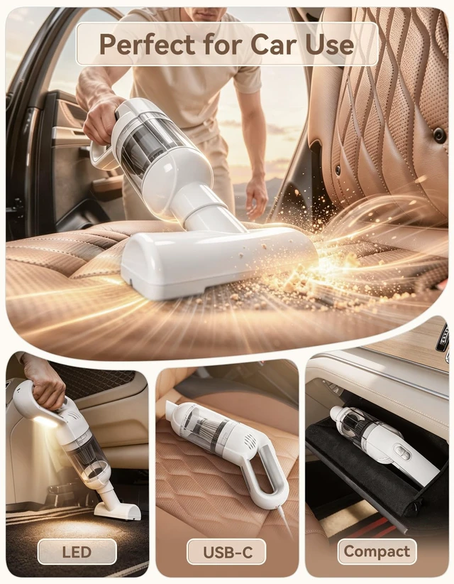 Alt view image 5 of 6 - Handheld Vacuum Cleaner, 20000 Pa Car Vacuum Cordless White | 4000Mah Rechargeable, Washable Steel Filter, with LED Light Powerful Suction for Car Interior, Home, Pet Hair Cleaning