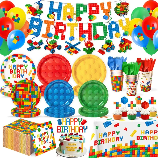 Main image of 197 Pcs Building Blocks Birthday Paper Plates Tableware Set (Serves 24), Colorful Blocks Supplies Include Banner Pendant Plates Napkins Cups Forks Knives Tablecloth Topper Balloons For Kids Party