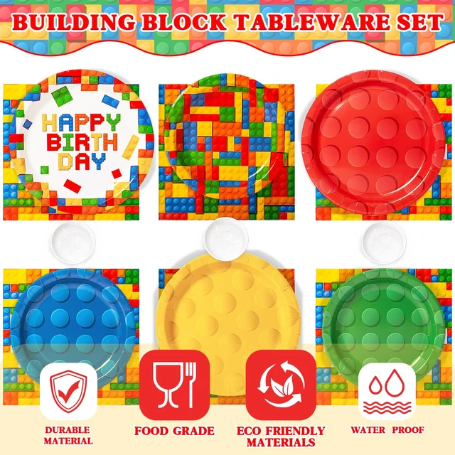 Alt view image 2 of 7 - 197 Pcs Building Blocks Birthday Paper Plates Tableware Set (Serves 24), Colorful Blocks Supplies Include Banner Pendant Plates Napkins Cups Forks Knives Tablecloth Topper Balloons For Kids Party