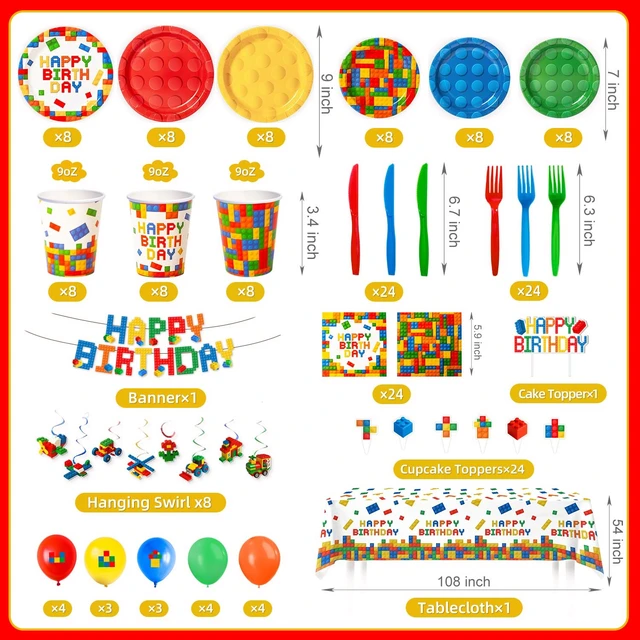 Alt view image 4 of 7 - 197 Pcs Building Blocks Birthday Paper Plates Tableware Set (Serves 24), Colorful Blocks Supplies Include Banner Pendant Plates Napkins Cups Forks Knives Tablecloth Topper Balloons For Kids Party