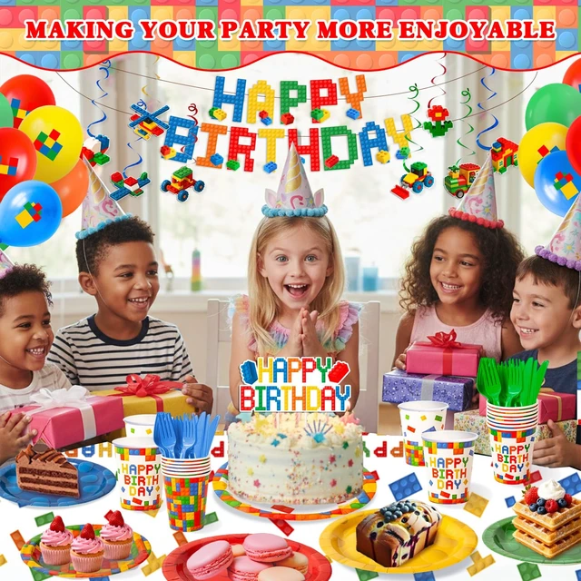Alt view image 5 of 7 - 197 Pcs Building Blocks Birthday Paper Plates Tableware Set (Serves 24), Colorful Blocks Supplies Include Banner Pendant Plates Napkins Cups Forks Knives Tablecloth Topper Balloons For Kids Party