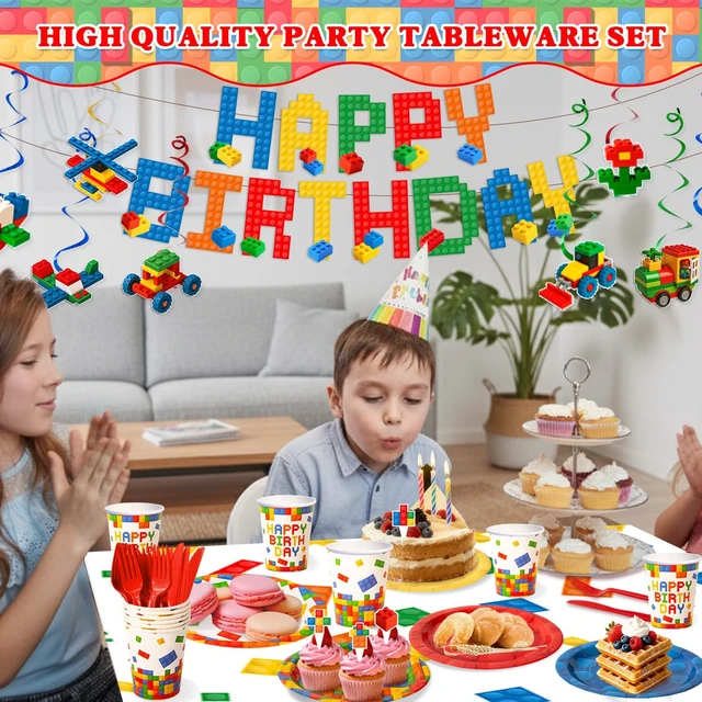 Alt view image 6 of 7 - 197 Pcs Building Blocks Birthday Paper Plates Tableware Set (Serves 24), Colorful Blocks Supplies Include Banner Pendant Plates Napkins Cups Forks Knives Tablecloth Topper Balloons For Kids Party