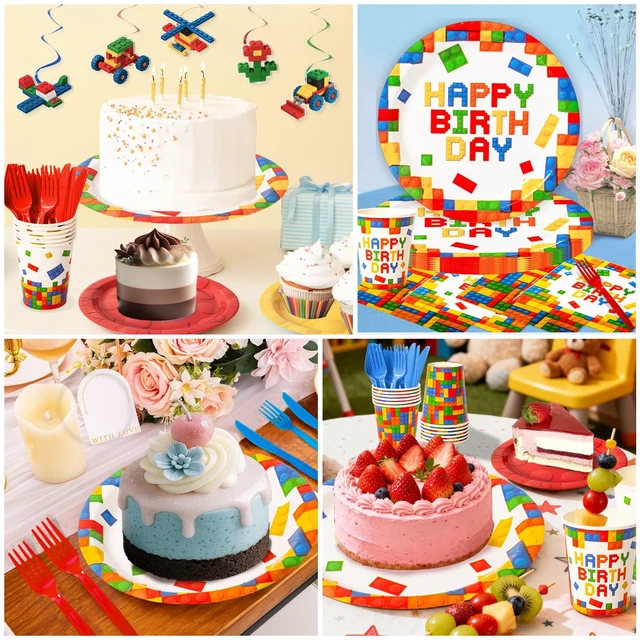 Alt view image 7 of 7 - 197 Pcs Building Blocks Birthday Paper Plates Tableware Set (Serves 24), Colorful Blocks Supplies Include Banner Pendant Plates Napkins Cups Forks Knives Tablecloth Topper Balloons For Kids Party