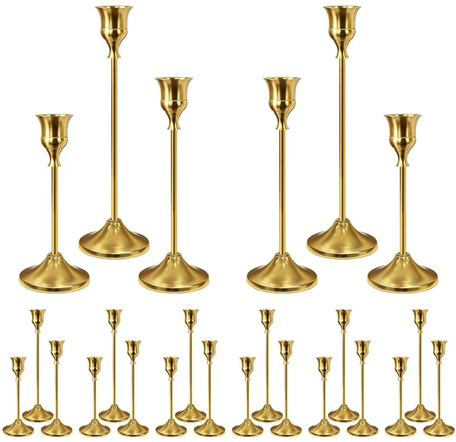 Main image of 24Pcs Gold Taper Candle Holders, Vintage Centerpieces Candlestick Holder | Metal Candle Stick Holder Set with 3-Heights, Candelabra Decoration for Tables Wedding Decor Dinning Party Christmas Mantel
