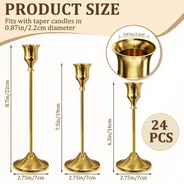 Alt view image 3 of 7 - 24Pcs Gold Taper Candle Holders, Vintage Centerpieces Candlestick Holder | Metal Candle Stick Holder Set with 3-Heights, Candelabra Decoration for Tables Wedding Decor Dinning Party Christmas Mantel