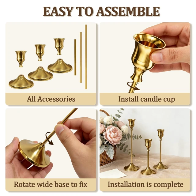 Alt view image 7 of 7 - 24Pcs Gold Taper Candle Holders, Vintage Centerpieces Candlestick Holder | Metal Candle Stick Holder Set with 3-Heights, Candelabra Decoration for Tables Wedding Decor Dinning Party Christmas Mantel