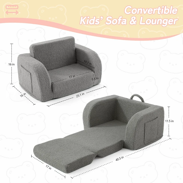 Alt view image 3 of 7 - MuaMelop Toddler Chair, 2-in-1 Foldable Kids Couch for 1-3 Years Old, Grey | Toddler Couch Comfy for Playing, Reading, Napping, Convertible Soft Baby Sofa to Lounge Chair, Removable Washable Cover