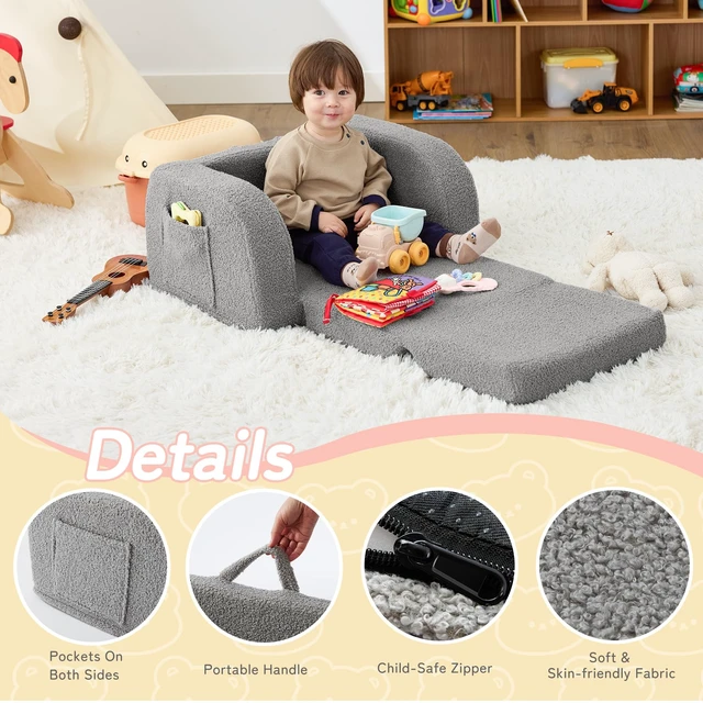 Alt view image 4 of 7 - MuaMelop Toddler Chair, 2-in-1 Foldable Kids Couch for 1-3 Years Old, Grey | Toddler Couch Comfy for Playing, Reading, Napping, Convertible Soft Baby Sofa to Lounge Chair, Removable Washable Cover