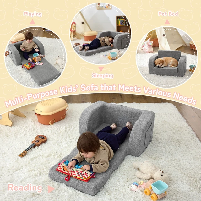 Alt view image 6 of 7 - MuaMelop Toddler Chair, 2-in-1 Foldable Kids Couch for 1-3 Years Old, Grey | Toddler Couch Comfy for Playing, Reading, Napping, Convertible Soft Baby Sofa to Lounge Chair, Removable Washable Cover
