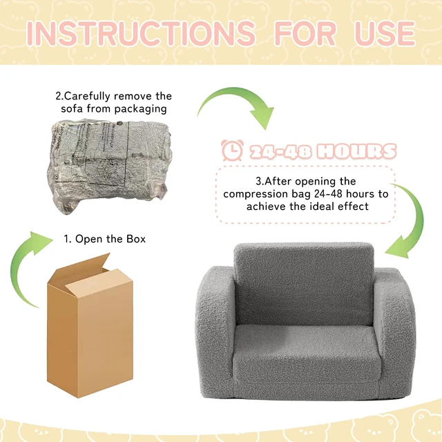Alt view image 7 of 7 - MuaMelop Toddler Chair, 2-in-1 Foldable Kids Couch for 1-3 Years Old, Grey | Toddler Couch Comfy for Playing, Reading, Napping, Convertible Soft Baby Sofa to Lounge Chair, Removable Washable Cover
