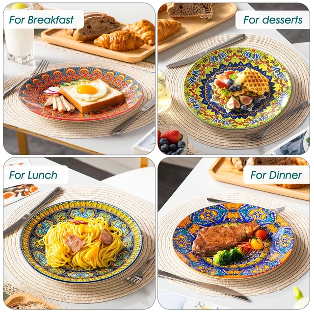 Alt view image 6 of 7 - Colorful Dinner Plates Set of 6, 10.5 Inch Ceramic Kitchen Plates | Boho Dinner Plates Set, Bohemian Printed Dishes for Dining, Microwave & Dishwasher Safe Plate Set, Series KRVI