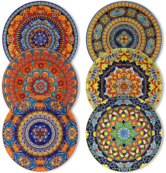 Main image of Colorful Dinner Plates Set of 6, 10.5 Inch Ceramic Kitchen Plates | Boho Dinner Plates Set, Bohemian Printed Dishes for Dining, Microwave & Dishwasher Safe Plate Set, Series KRVI