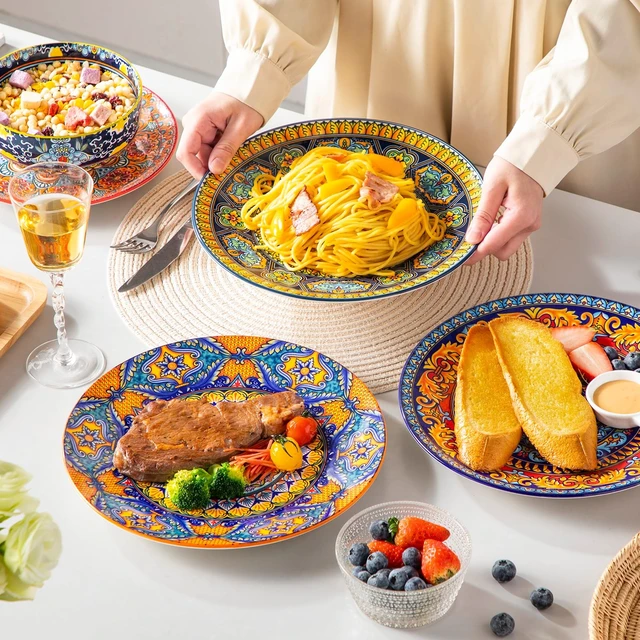 Alt view image 7 of 7 - Colorful Dinner Plates Set of 6, 10.5 Inch Ceramic Kitchen Plates | Boho Dinner Plates Set, Bohemian Printed Dishes for Dining, Microwave & Dishwasher Safe Plate Set, Series KRVI