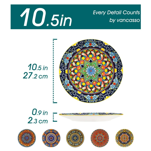 Alt view image 2 of 7 - Colorful Dinner Plates Set of 6, 10.5 Inch Ceramic Kitchen Plates | Boho Dinner Plates Set, Bohemian Printed Dishes for Dining, Microwave & Dishwasher Safe Plate Set, Series KRVI