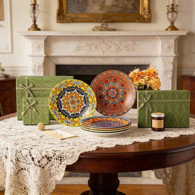 Alt view image 5 of 7 - Colorful Dinner Plates Set of 6, 10.5 Inch Ceramic Kitchen Plates | Boho Dinner Plates Set, Bohemian Printed Dishes for Dining, Microwave & Dishwasher Safe Plate Set, Series KRVI