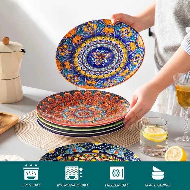 Alt view image 4 of 7 - Colorful Dinner Plates Set of 6, 10.5 Inch Ceramic Kitchen Plates | Boho Dinner Plates Set, Bohemian Printed Dishes for Dining, Microwave & Dishwasher Safe Plate Set, Series KRVI