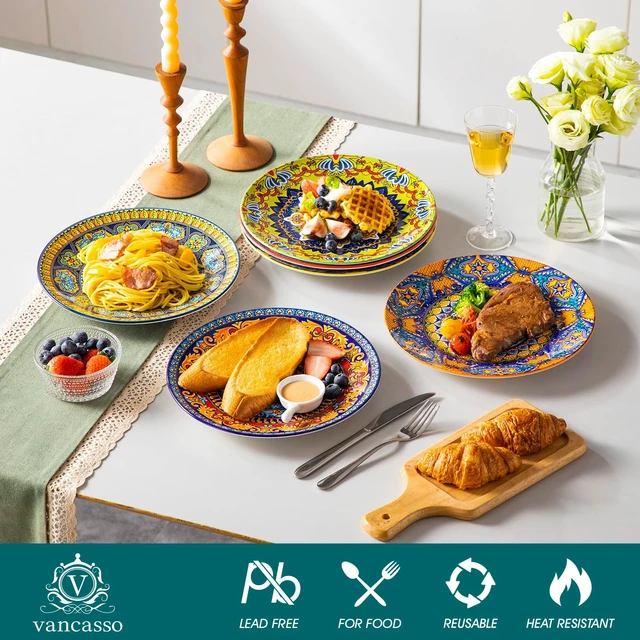 Alt view image 3 of 7 - Colorful Dinner Plates Set of 6, 10.5 Inch Ceramic Kitchen Plates | Boho Dinner Plates Set, Bohemian Printed Dishes for Dining, Microwave & Dishwasher Safe Plate Set, Series KRVI