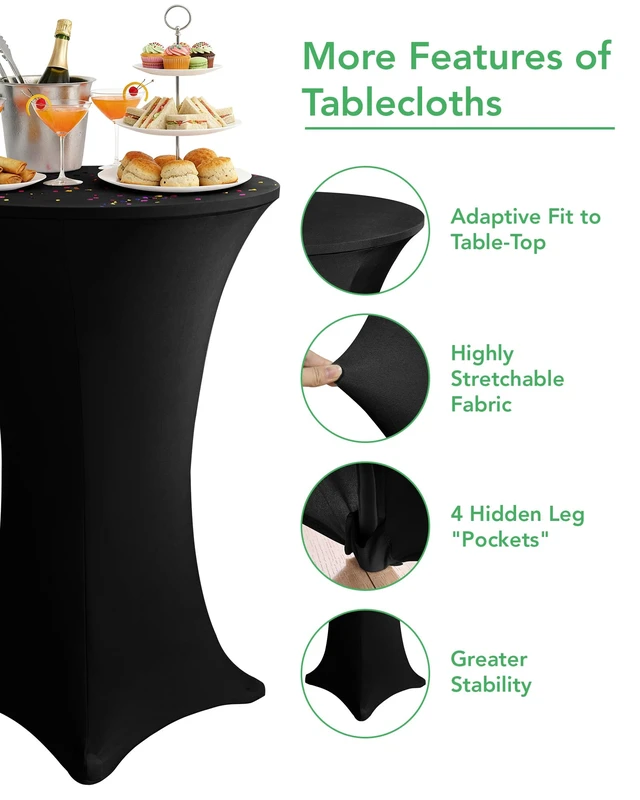 Alt view image 4 of 7 - Spandex Cocktail Table Covers, 32x43 Inch, Black, 8 Pack | Stretchy Highboy Cocktail Fitted Tablecloths Round, for Wedding Banquet Party Event High Top Tables Decorations