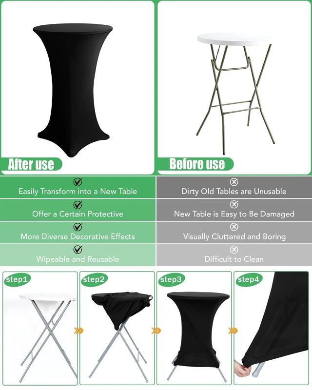 Alt view image 5 of 7 - Spandex Cocktail Table Covers, 32x43 Inch, Black, 8 Pack | Stretchy Highboy Cocktail Fitted Tablecloths Round, for Wedding Banquet Party Event High Top Tables Decorations