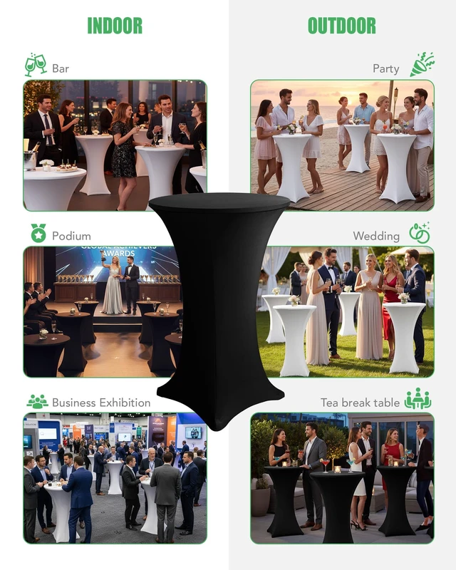 Alt view image 6 of 7 - Spandex Cocktail Table Covers, 32x43 Inch, Black, 8 Pack | Stretchy Highboy Cocktail Fitted Tablecloths Round, for Wedding Banquet Party Event High Top Tables Decorations