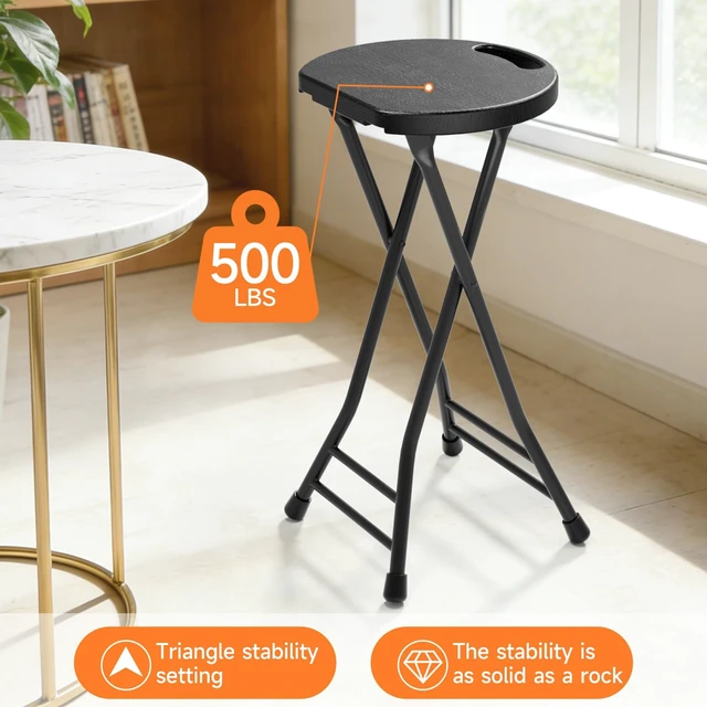 Alt view image 4 of 7 - 24 Inch Folding Stool with Handle - 500LBS Capacity Portable Foldable Stool with Non-Slip Feet, Heavy-Duty Steel & Plastic Collapsible Stool for Indoor Outdoor Use, Black