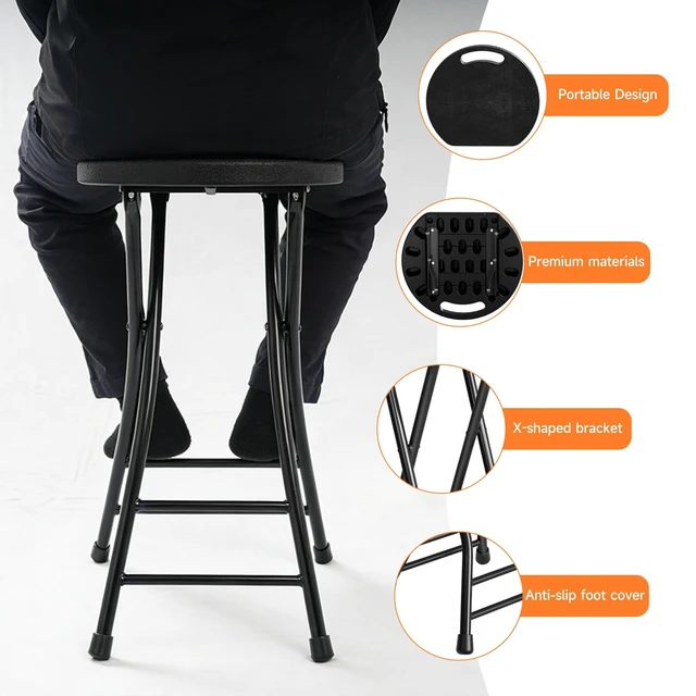 Alt view image 3 of 7 - 24 Inch Folding Stool with Handle - 500LBS Capacity Portable Foldable Stool with Non-Slip Feet, Heavy-Duty Steel & Plastic Collapsible Stool for Indoor Outdoor Use, Black