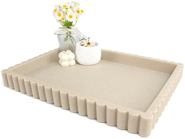 Main image of Decorative Tray for Coffee Table, Modern Tray Decor, 14" Beige Resin | Scalloped Coffee Table Tray for Home Decor. Large Rectangle Tray Decor for Entryway, Living Room, Coffee Table Centerpiece